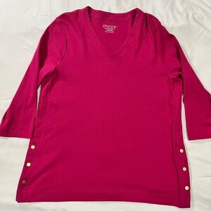 Chicos 3 Hot Pink Magenta 100% Pima Cotton Size XL V-Neck Gold Tone Button Tunic